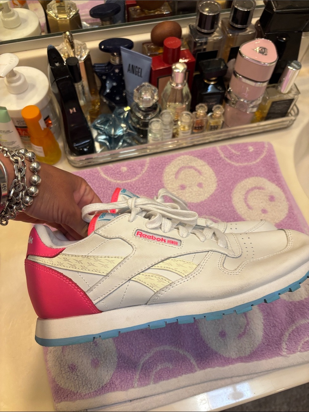 Reebok classic throwback White Sneakers with Pink Heel & Blue Sole